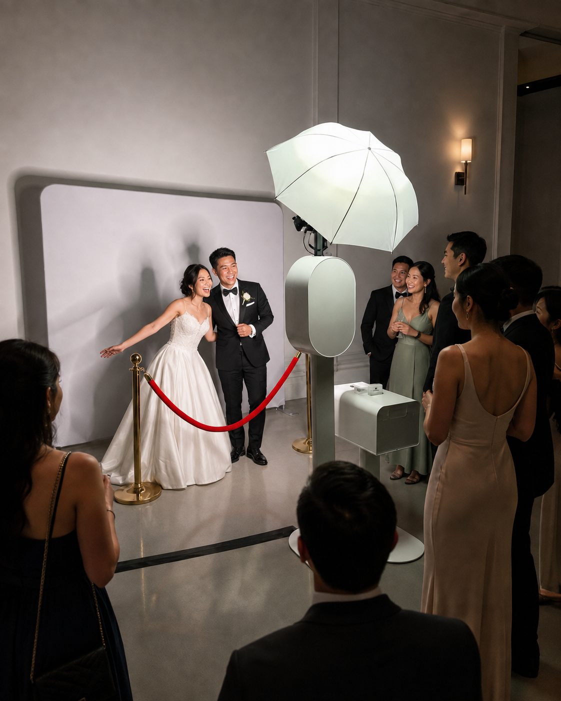 Bride and groom posing in the open-air photo booth as guests watch
