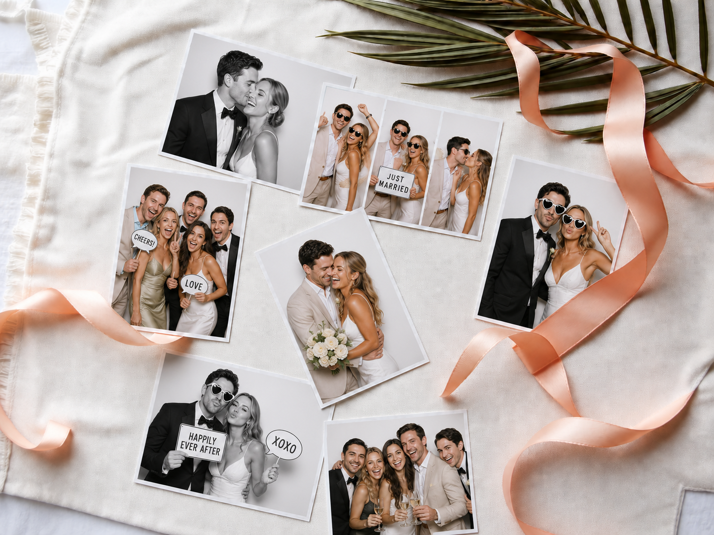 Wedding photo booth prints and strips laid out on linen with peach ribbon and a palm frond