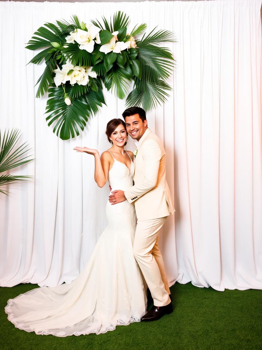 Couple posing in front of the booth backdrop