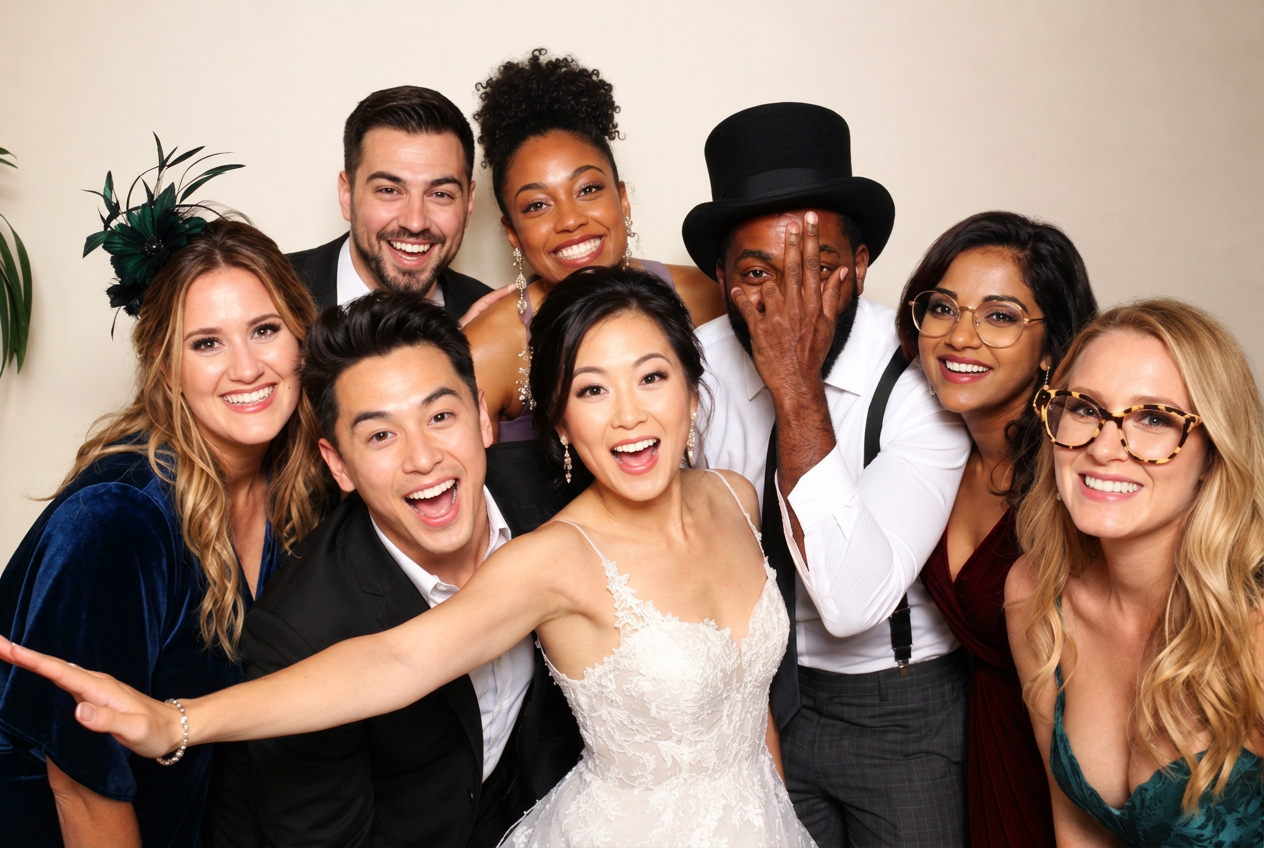 Wedding party crowded into the photo booth laughing with props